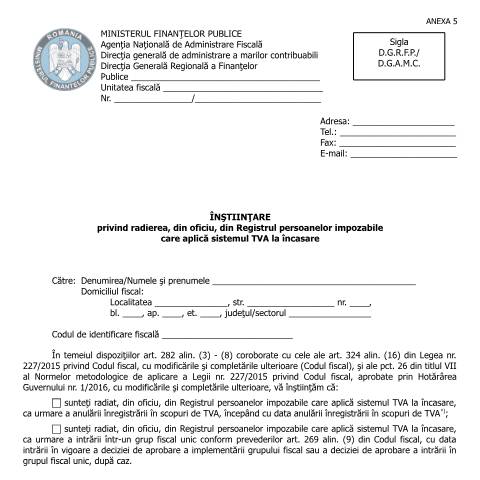 Document preview: Înștiințare privind radierea, din oficiu, din Registrul persoanelor impozabile care aplică sistemul TVA la încasare (OPANAF 1503/2016). — Documente emise, România (CERFA n°A5_OPANAF_1503_2016)