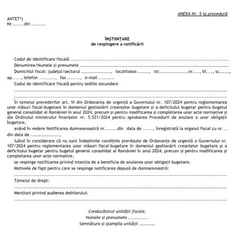Document preview: Înștiințare de respingere a notificării (OMF 5521/2024) — Documente emise, România (CERFA n°A5_OMF_5521_2024)