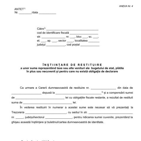 Document preview: Înștiințare de restituire a unor sume reprezentând taxe sau alte venituri ale bugetului de stat, plătite în plus sau necuvenit și pentru care nu există obligația de declarare (OPANAF 187/2018) — Documente emise, România (CERFA n°A4_OPANAF_187_2018)