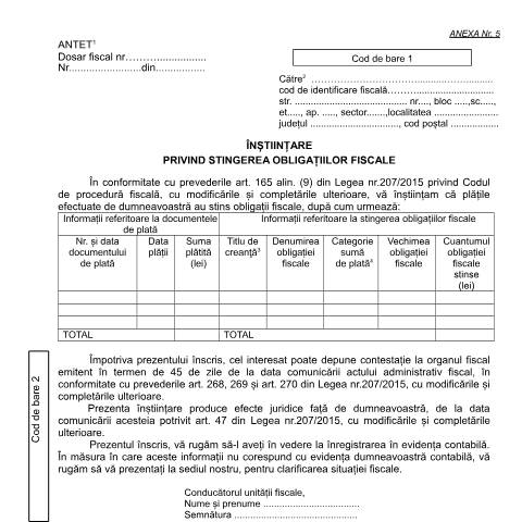 Document preview: Înștiințare privind stingerea obligațiilor fiscale (OPANAF 967/2017) — Documente emise, România (CERFA n°A5_OPANAF_967_2017)
