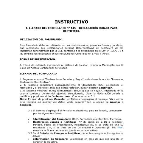 Vista previa del documento Instructivo de llenado del Formulario Nº 145 y de la Planilla Electrónica de Cálculo (1) — Declaraciones Juradas1 / RUC, Paraguay (CERFA n°F145)