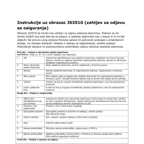 Document preview: Instrukcije uz obrazac JS3510 — Uputstvo, Bosna i Hercegovina (CERFA n°I3)