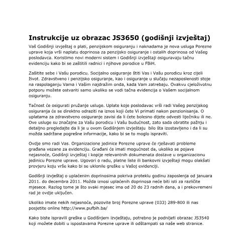 Document preview: Instrukcije uz obrazac JS3650 (godišnji izvještaj) — Uputstvo, Bosna i Hercegovina (CERFA n°I1)