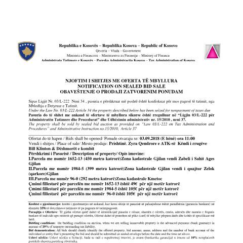 Document preview: NJOFTIM I SHITJES ME OFERTA TË MBYLLURA — Tenderetshpallje Publike, Kosovë