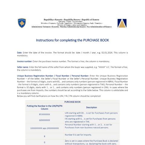 Document preview: Instructions for completing the PURCHASE BOOK — Udhezues Manuale Dhe Rregullore, Kosovë