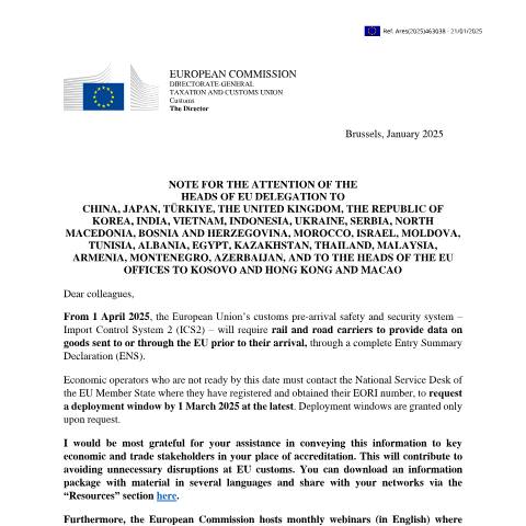 Document preview: DG TAXUD - ICS2 Letter - EU Delegations — Dogana / Publikime, Kosovë