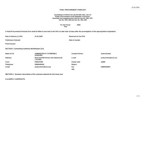 Document preview: Final procurement forecast for the fiscal year 2025 — Tenderspublic Announcements, Kosovë