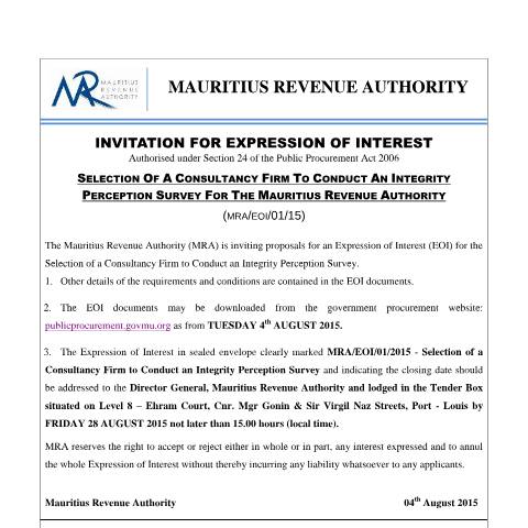 Document preview: Selection of a Consultancy Firm to Conduct an Integrity Perception Survey (04.08.15) — Document, Mauritius (CERFA n°IntegrityPerceptionSurvey040815)