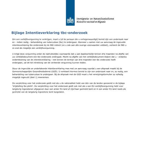 Documentvoorvertoning: Bijlage Intentieverklaring TBC-onderzoek — IND — immigratie, Nederland (CERFA n°7103)