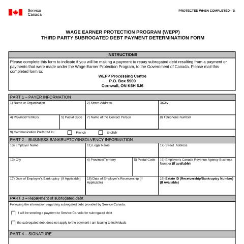 Document preview: WEPP – Intention to Repay Subrogated debt Form for Third Parties — Employment Programs, Canada (CERFA n°EMP5656)