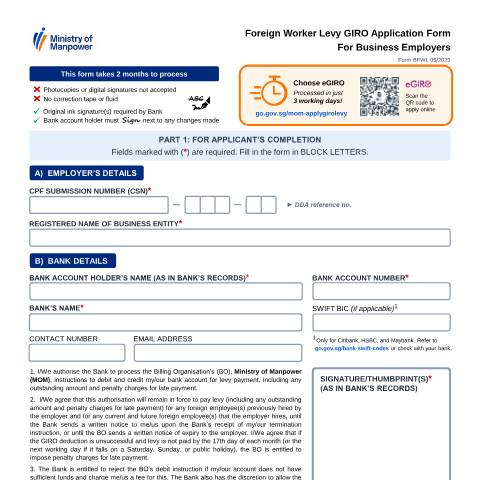Document preview: Application for Interbank GIRO (Foreign Worker Levy Payment) — MOM / Forms, Singapore (CERFA n°GIRO_APPLN_FORM)