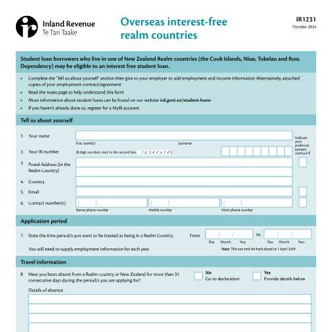 Document preview: Overseas interest-free realm countries — Student loans, New Zealand (CERFA n°IR1231)