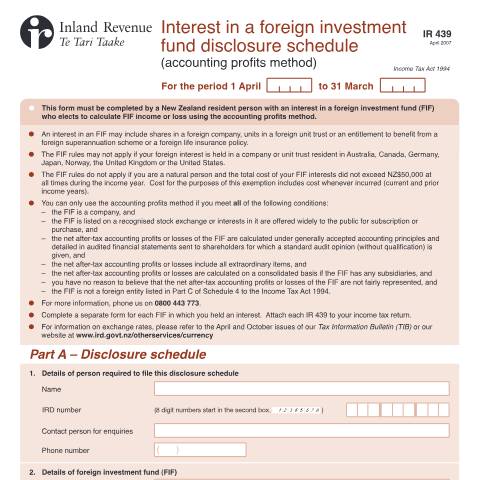 Document preview: Interest in a foreign investment fund disclosure schedule (accounting profits method) — Income tax, New Zealand (CERFA n°IR439)