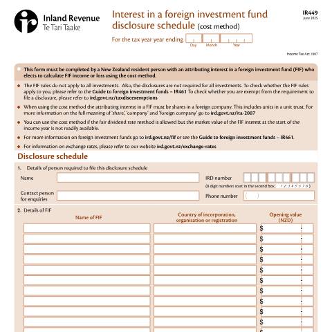 Document preview: Interest in a foreign investment fund disclosure schedule (Cost method) — Income tax, New Zealand (CERFA n°IR449)