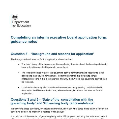 Document preview: Interim executive board application form — Department for Education, United Kingdom