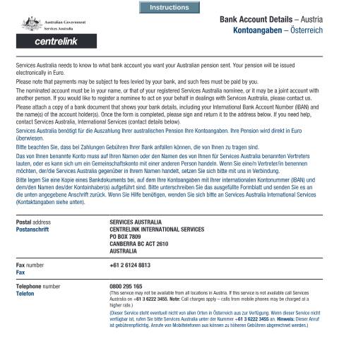 Document preview: International bank account — Services Australia — Individuals (by code), Australia (CERFA n°AUS178)