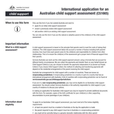 Document preview: International application for an Australian child support assessment — Services Australia — Individuals (by code), Australia (CERFA n°CS1665)