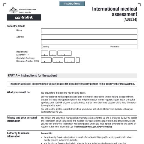 Document preview: International medical assessment — Services Australia — Individuals (by code), Australia (CERFA n°AUS224)