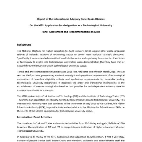 Document preview: Report of the International Advisory Panel to An tUdaras On the MTU Application for designation as a Technological University — Department of Education, Ireland