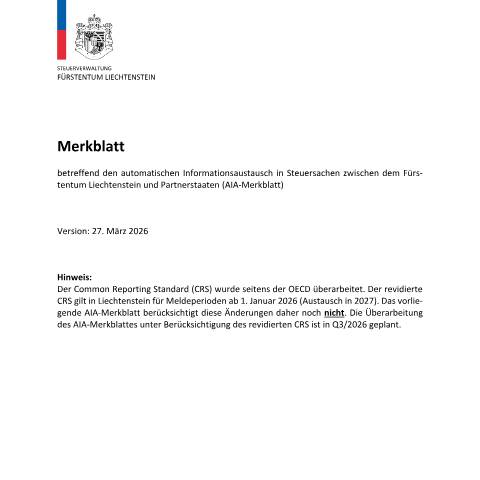 Dokumentvorschau: AIA-Merkblatt vom 27.03.2026 (aktuelle Version) — Internationaler Informationsaustausch, Liechtenstein (CERFA n°int_mb_aia_merkblatt)