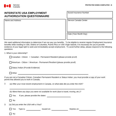Document preview: INTERSTATE USA EMPLOYMENT AUTHORIZATION QUESTIONNAIRE — Employment Insurance, Canada (CERFA n°INS5247)