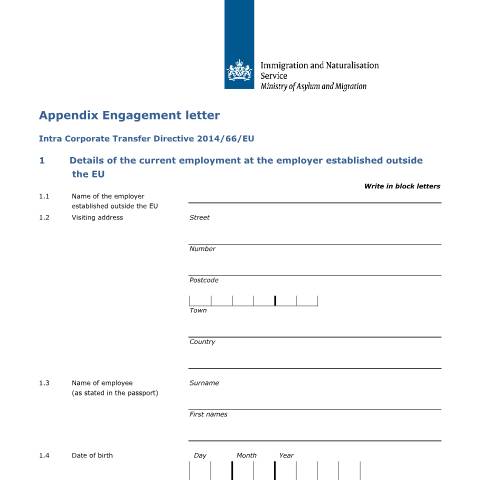 Documentvoorvertoning: Appendix Engagement letter Intra Corporate Transfer Directive 2014/66/EU — IND — immigratie, Nederland (CERFA n°7626)