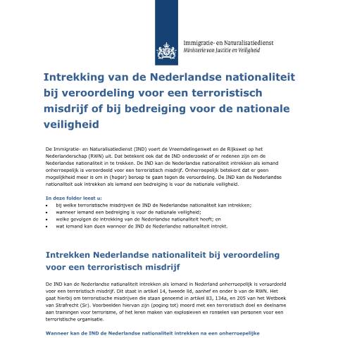 Documentvoorvertoning: Intrekking van de Nederlandse nationaliteit bij veroordeling voor een terroristisch misdrijf of bij bedreiging voor de nationale veiligheid — IND — immigratie, Nederland (CERFA n°5044)
