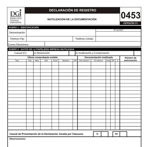 Vista previa del documento Formulario 0453 -Inutilización de la documentación — DGI - Formularios, Uruguay (CERFA n°0453)