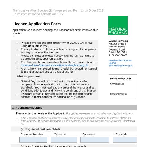 Document preview: Invasive non-native (alien) species: licence to move and keep them in captivity (IAS A01) — Natural England, United Kingdom