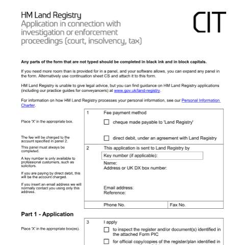 Document preview: Investigation or enforcement proceedings (court, insolvency, tax) (CIT) — HM Land Registry, United Kingdom