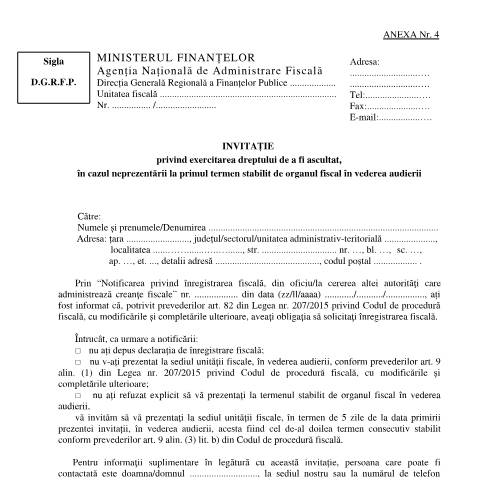 Document preview: Invitație privind exercitarea dreptului de a fi ascultat, în cazul neprezentării la primul termen stabilit de organul fiscal în vederea audierii (OPANAF 2430/2025) — Documente emise, România (CERFA n°A4_OPANAF_2430_2025)