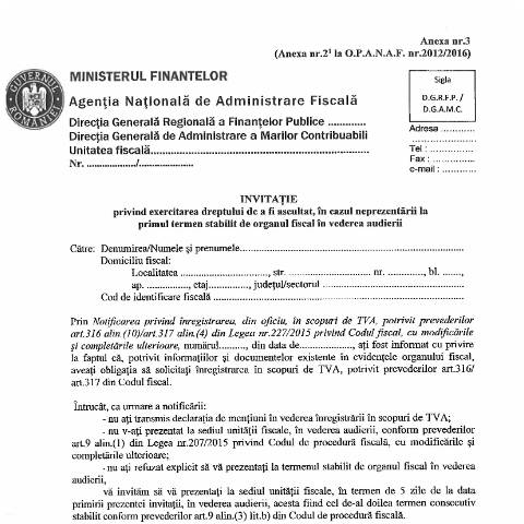 Document preview: Invitație privind exercitarea dreptului de a fi ascultat, în cazul neprezentării la primul termen stabilit de organul fiscal în vederea audierii (OPANAF 2012/2016, cu modificările și completările ulterioare) — Documente emise, România (CERFA n°A3_OPANAF_7032_2024)