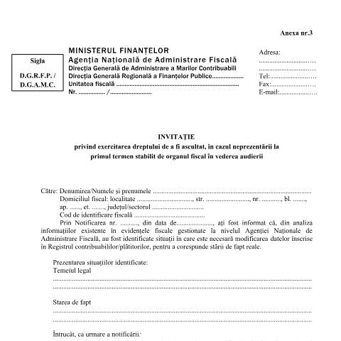 Document preview: Invitație privind exercitarea dreptului de a fi ascultat, în cazul neprezentării la primul termen stabilit de organul fiscal în vederea audierii (OPANAF 3792/2024) — Documente emise, România (CERFA n°A3_OPANAF_3792_2024)