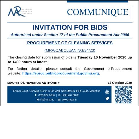 Document preview: Invitation for Bids: Procurement of Cleaning Services (13.10.20) — Notice / Circular, Mauritius (CERFA n°CommuniqueProcurement131020)
