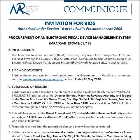 Document preview: Invitation for Bids : Procurement of an Electronic Fiscal Device Management System (18.05.18) — Document, Mauritius (CERFA n°BidsInvitation180518)
