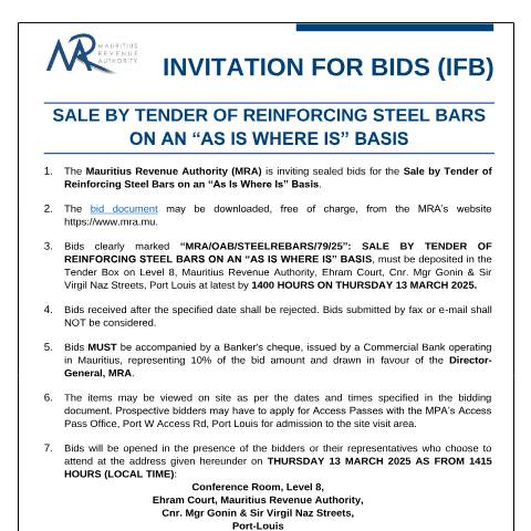 Document preview: Invitation for Bids (25.02.25) — Document, Mauritius (CERFA n°Bids1-250225)