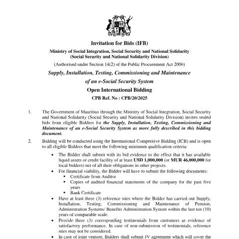 Document preview: Invitation for Bids — Document, Mauritius (CERFA n°Invitation-for-Bids)