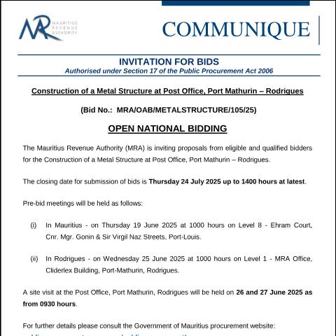Document preview: Invitation for Bids — Document, Mauritius (CERFA n°ComMetalStructure100625)