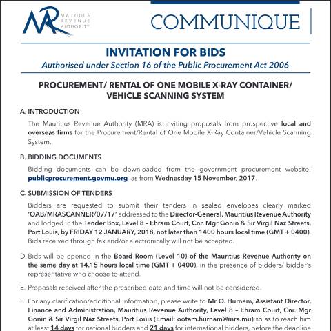 Document preview: Invitation for Bids : Procurement / Rental of one Mobile X-Ray Container / Vehicle Scanning System (15.11.17) — Document, Mauritius (CERFA n°BidProcurement)
