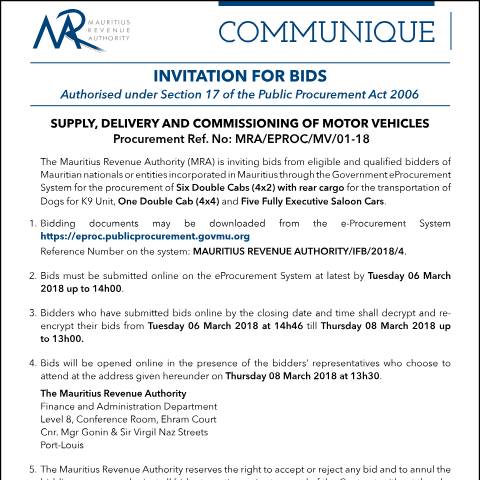 Document preview: Invitation for Bids : Supply, Delivery and Commissioning of Motor Vehicles (05.02.18) — Document, Mauritius (CERFA n°InvitationForBids050218)