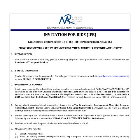 Document preview: Invitation for Bids:Provision of Transport Services (16.10.15) — Document, Mauritius (CERFA n°NoticeTransport161015)