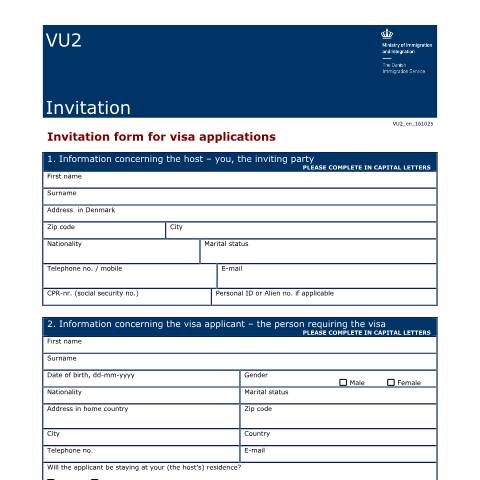 Document preview: VU2 — Invitation for a private visit visa — Immigration Service / Application forms – The Danish Immigration Service, Danmark (CERFA n°VU2)