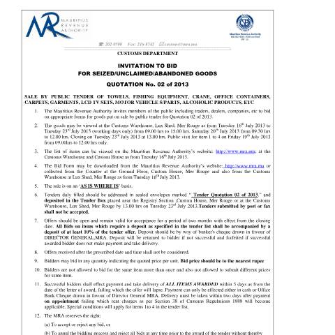 Document preview: Invitation to Bid - Auction Sales Q2 of 2013 — Document, Mauritius (CERFA n°Invitation2BidQ02of2013)