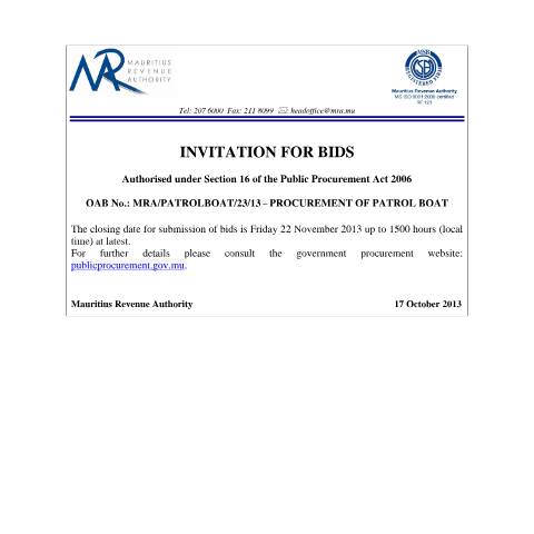 Document preview: Invitation to Bid - Customs Patrol Boat (17.10.2013) — Document, Mauritius (CERFA n°PatrolBoat)