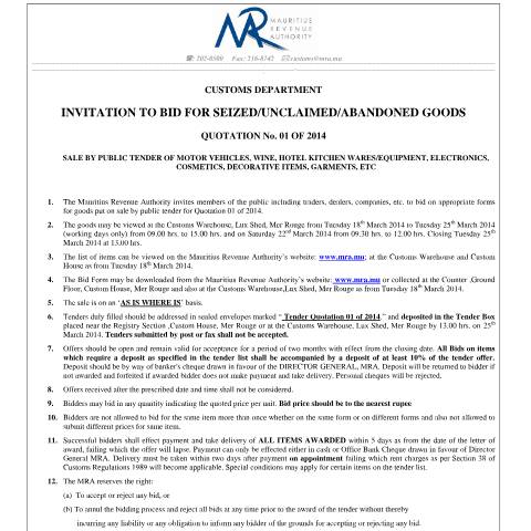 Document preview: Invitation to Bid - Quotation 01 of 2014 (05.03.14) — Document, Mauritius (CERFA n°Invitationtobid-Q1of2014)