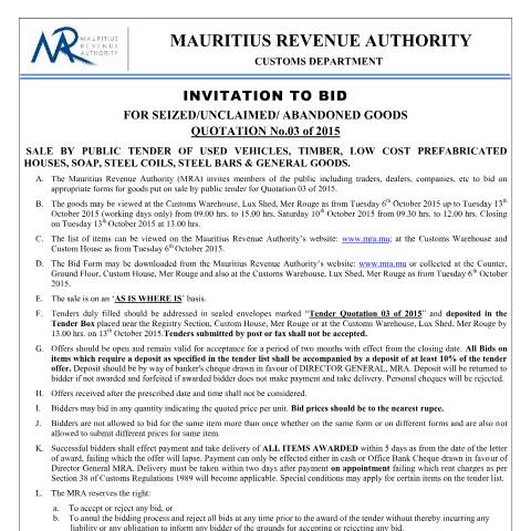 Document preview: Invitation to Bid: Quotation 3 of 2015 (06.10.15) — Document, Mauritius (CERFA n°QuotationNo3)