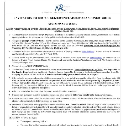 Document preview: Invitation to Bid - Quotation No.&nbsp;1 of 2015 (08.04.15) — Document, Mauritius (CERFA n°InvitationtoBid090415)