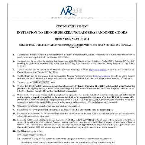 Document preview: Invitation to Bid - Quotation No. 2 of 2014 (03.07.14) — Document, Mauritius (CERFA n°InvitationQ2of2014)