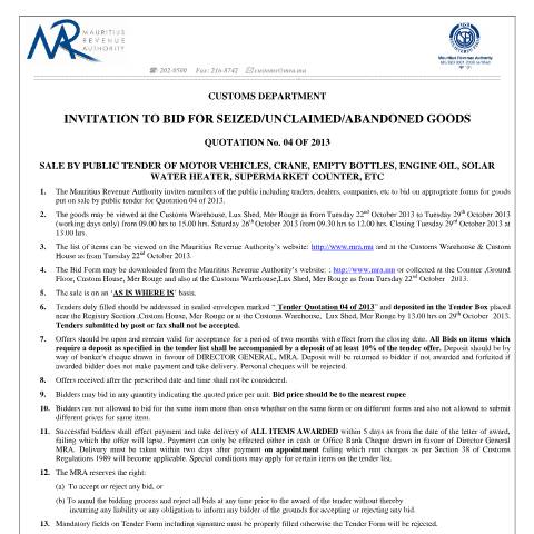 Document preview: Invitation to Bid - Quotation No. 4 of 2013 (11.10.2013) — Document, Mauritius (CERFA n°Invitationtobid-Q04of2013)