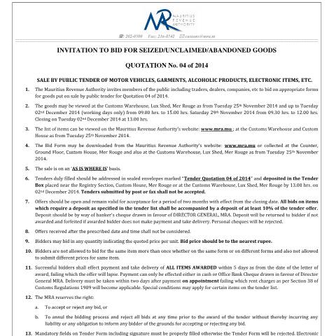 Document preview: Invitation to Bid - Quotation No. 4 of 2014 (21.11.14) — Document, Mauritius (CERFA n°InvitationtobidQ04of2014)